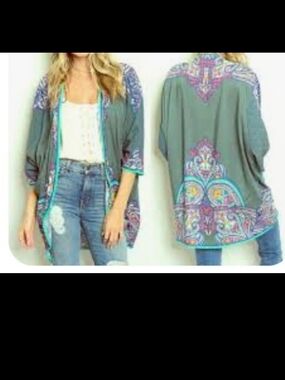 Peach Puff Boho Paisley-Trim Lightweight Open Kimono Cardigan